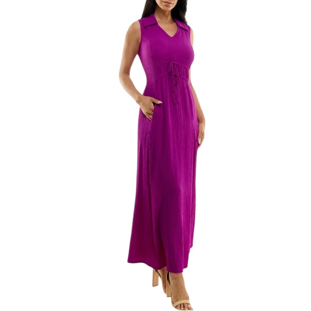 Nina Leonard Collard Violet Purple V-Neck Maxi Dress Size M Artsy Beachy Women